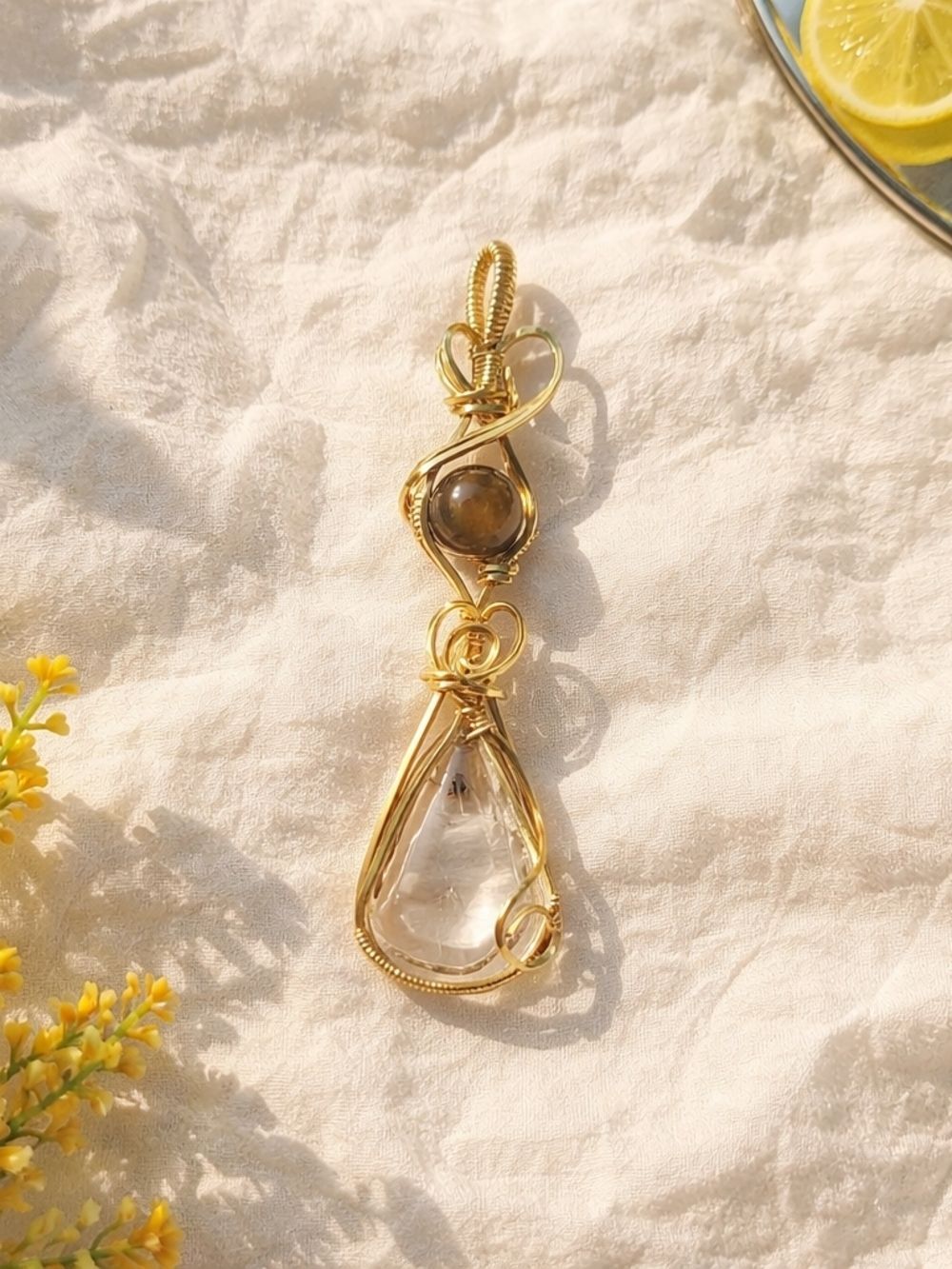 Gold Wire-Wrapped Garden Quartz With Real Citron Bead Accent - Women Jewelry